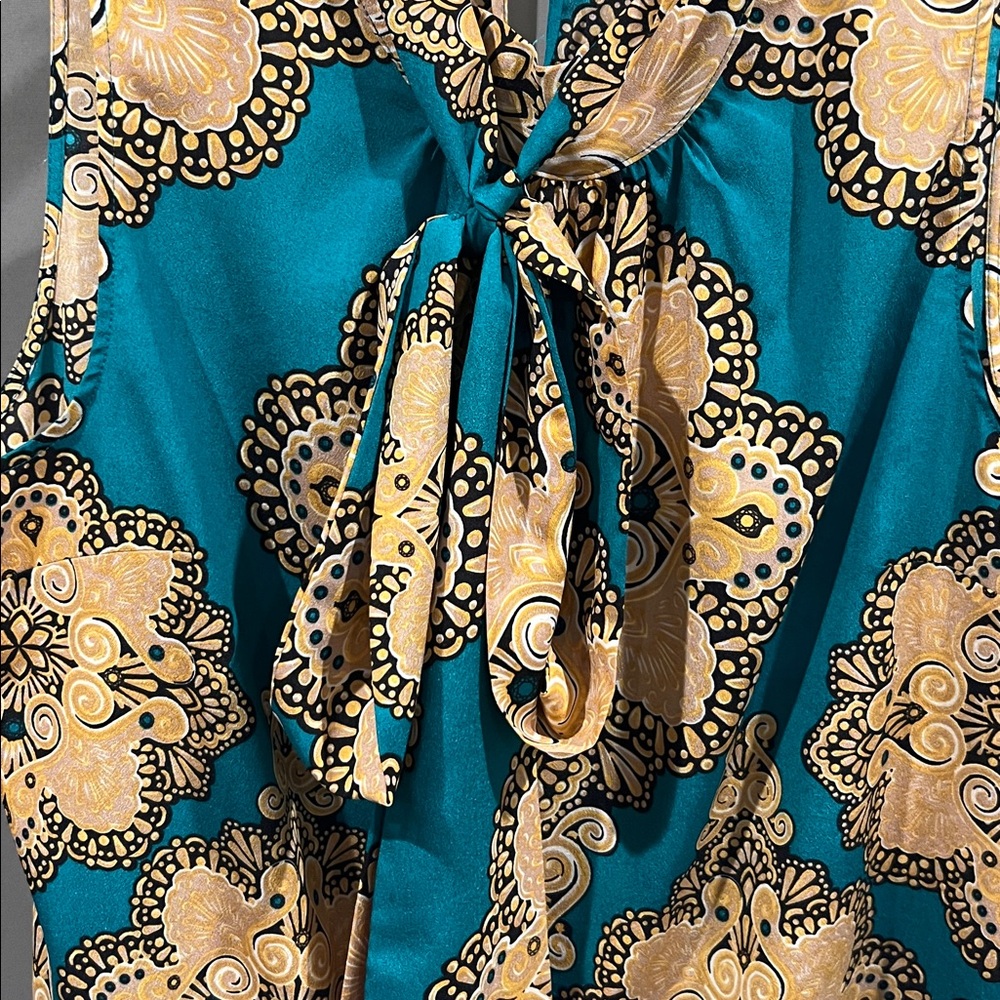 New York & Co Teal & Gold Tie Blouse - Picture 4 of 6
